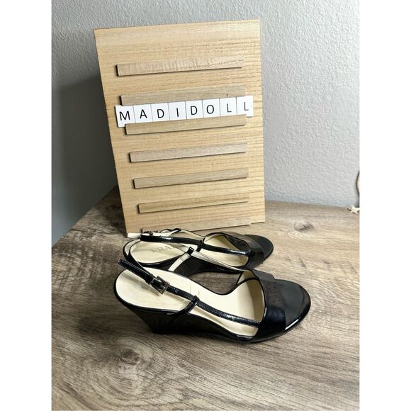 Prada Women’s 35.5 Black Patent Leather Wedge Slingback Sandal - Picture 1 of 7
